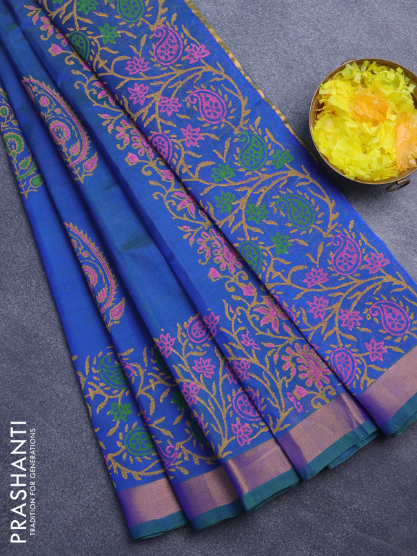 Silk cotton block printed saree dual shade of bluish green with butta prints and zari woven border