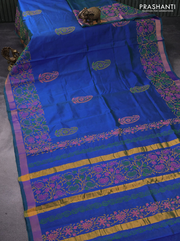 Silk cotton block printed saree dual shade of bluish green with butta prints and zari woven border