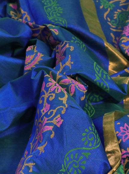 Silk cotton block printed saree dual shade of bluish green with butta prints and zari woven border