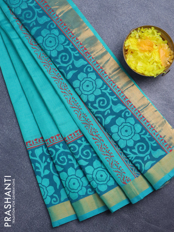 Silk cotton block printed saree teal green with butta prints and zari woven border