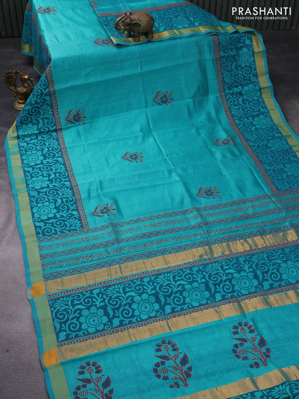 Silk cotton block printed saree teal green with butta prints and zari woven border