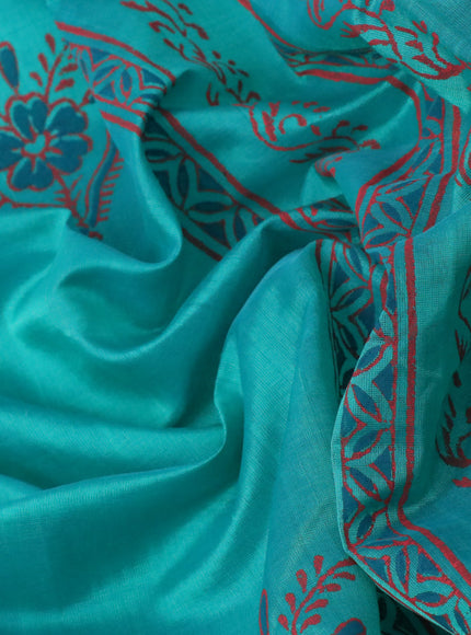 Silk cotton block printed saree teal green with butta prints and zari woven border