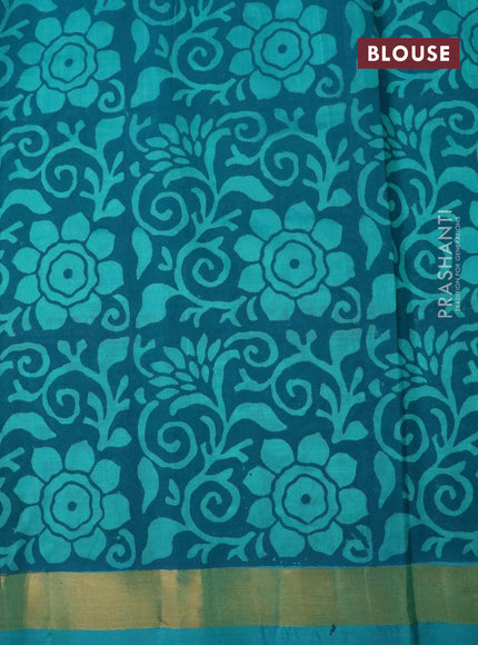 Silk cotton block printed saree teal green with butta prints and zari woven border