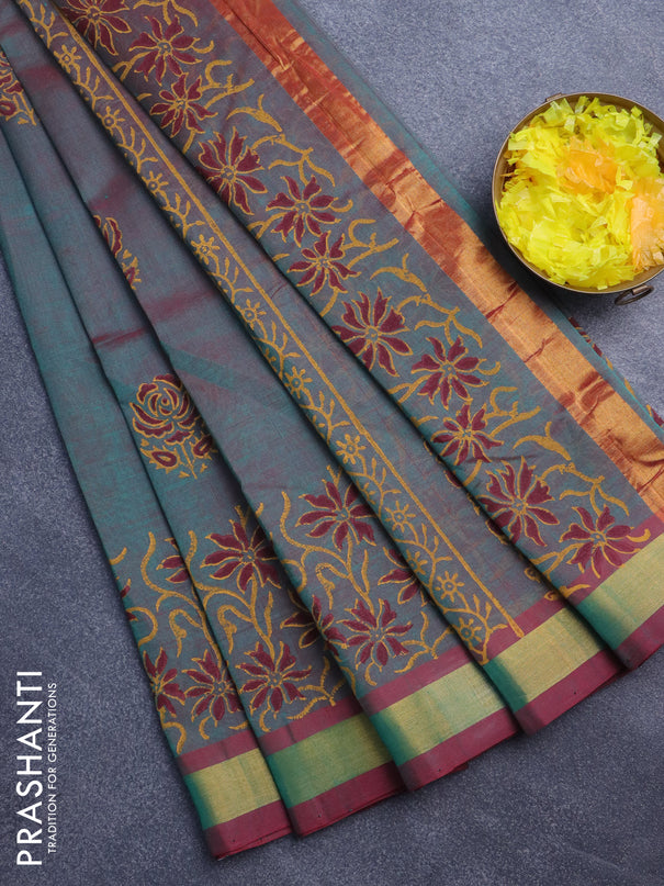 Silk cotton block printed saree dual shade of green and maroon with butta prints and zari woven border