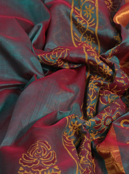 Silk cotton block printed saree dual shade of green and maroon with butta prints and zari woven border