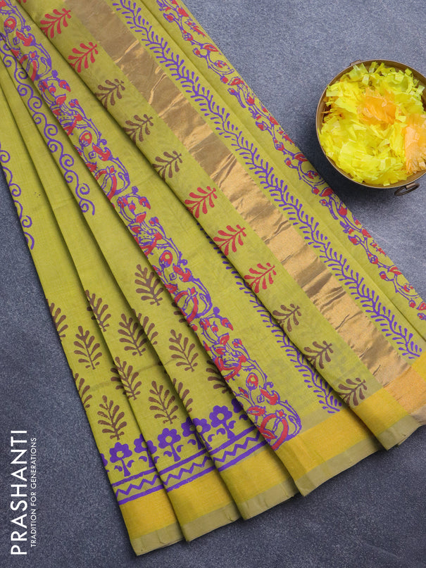 Silk cotton block printed saree yellow with butta prints and zari woven border