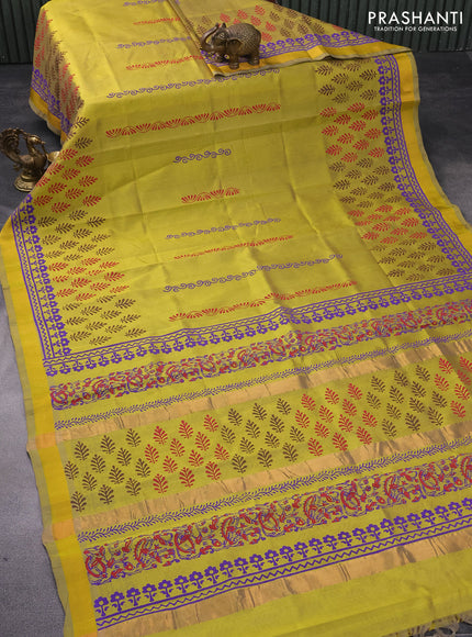 Silk cotton block printed saree yellow with butta prints and zari woven border