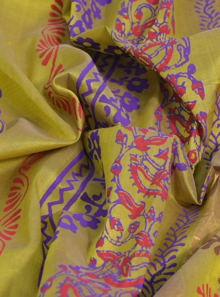 Silk cotton block printed saree yellow with butta prints and zari woven border