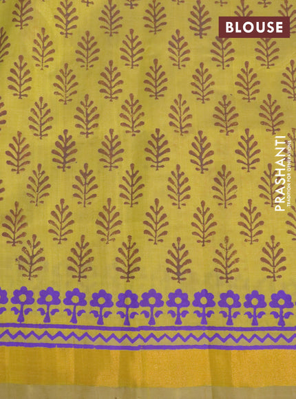 Silk cotton block printed saree yellow with butta prints and zari woven border