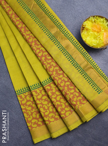 Silk cotton block printed saree lime yellow with butta prints and zari woven border