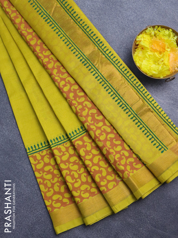 Silk cotton block printed saree lime yellow with butta prints and zari woven border