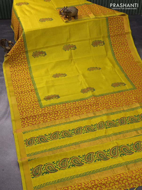 Silk cotton block printed saree lime yellow with butta prints and zari woven border