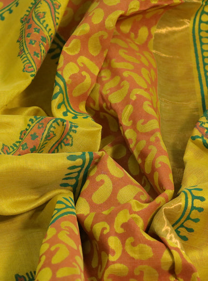 Silk cotton block printed saree lime yellow with butta prints and zari woven border