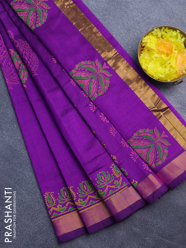 Silk cotton block printed saree violet with butta prints and zari woven border