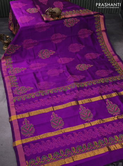 Silk cotton block printed saree violet with butta prints and zari woven border