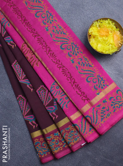 Silk cotton block printed saree wine shade and magenta pink with butta prints and zari woven printed border