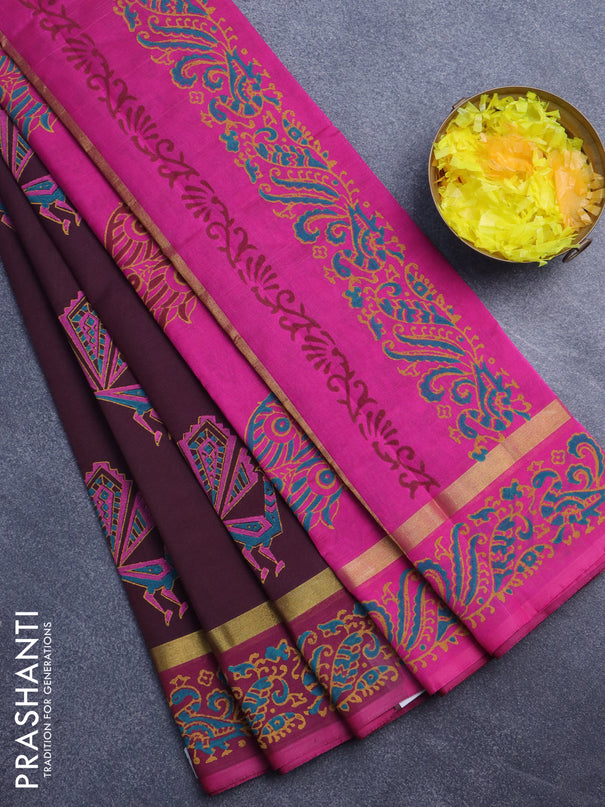 Silk cotton block printed saree wine shade and magenta pink with butta prints and zari woven printed border