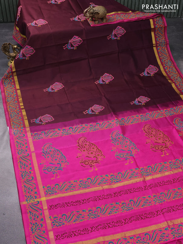 Silk cotton block printed saree wine shade and magenta pink with butta prints and zari woven printed border