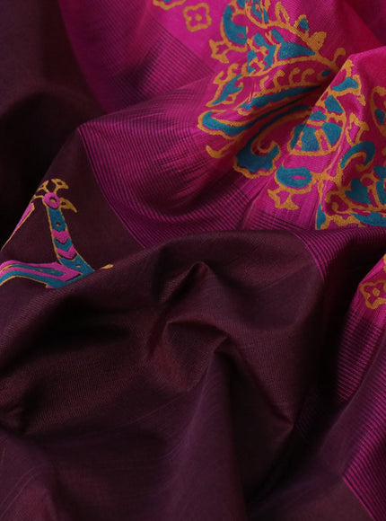 Silk cotton block printed saree wine shade and magenta pink with butta prints and zari woven printed border