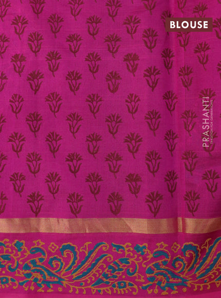 Silk cotton block printed saree wine shade and magenta pink with butta prints and zari woven printed border