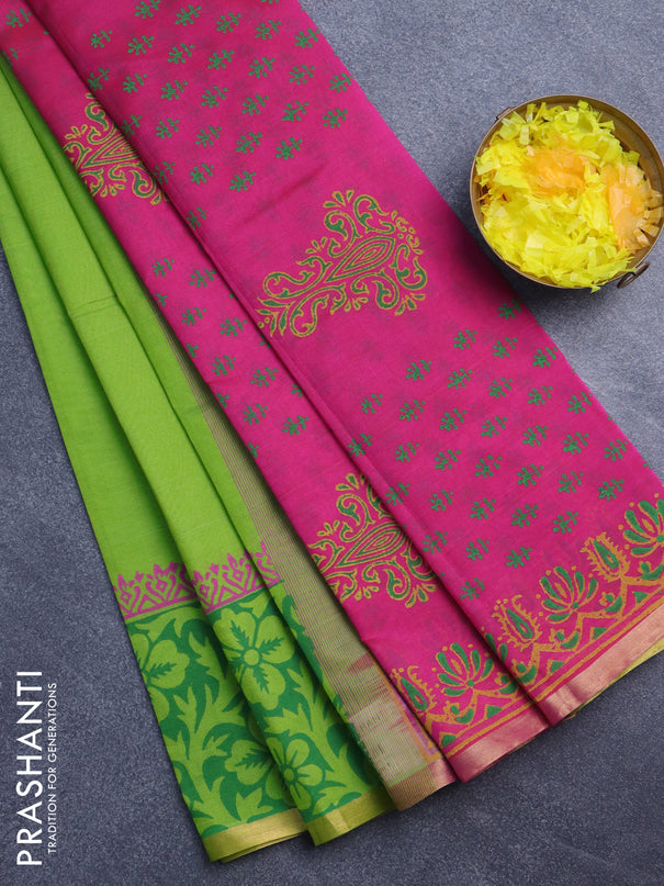 Silk cotton block printed saree light green and pink with butta prints and piping zari woven border