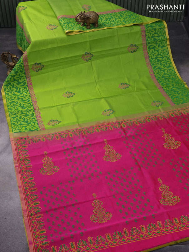 Silk cotton block printed saree light green and pink with butta prints and piping zari woven border