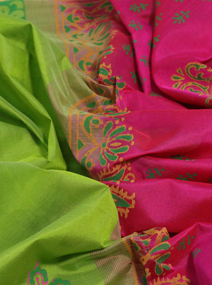 Silk cotton block printed saree light green and pink with butta prints and piping zari woven border