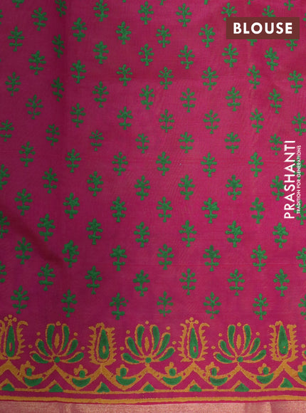 Silk cotton block printed saree light green and pink with butta prints and piping zari woven border