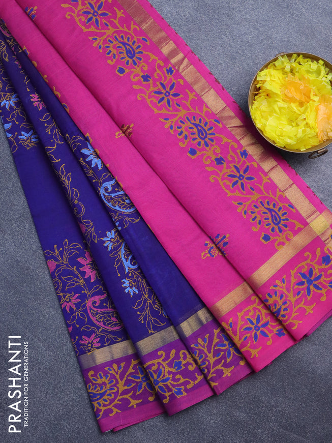 Silk cotton block printed saree blue and magenta pink with box type butta prints and zari woven printed border