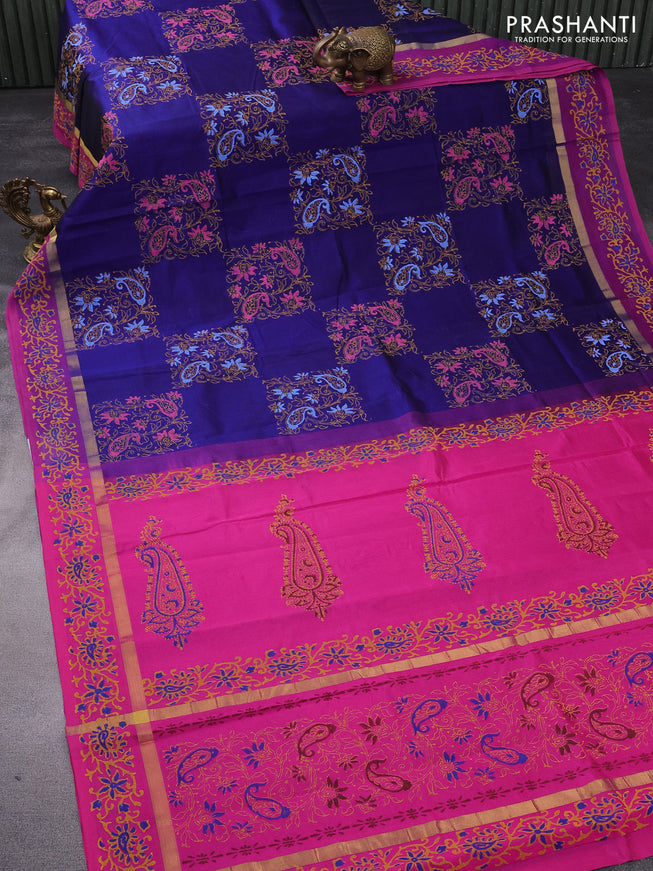 Silk cotton block printed saree blue and magenta pink with box type butta prints and zari woven printed border