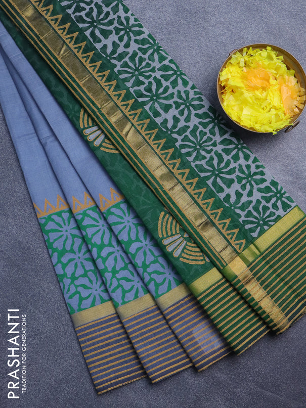 Silk cotton block printed saree grey and green with butta prints and zari woven printed border