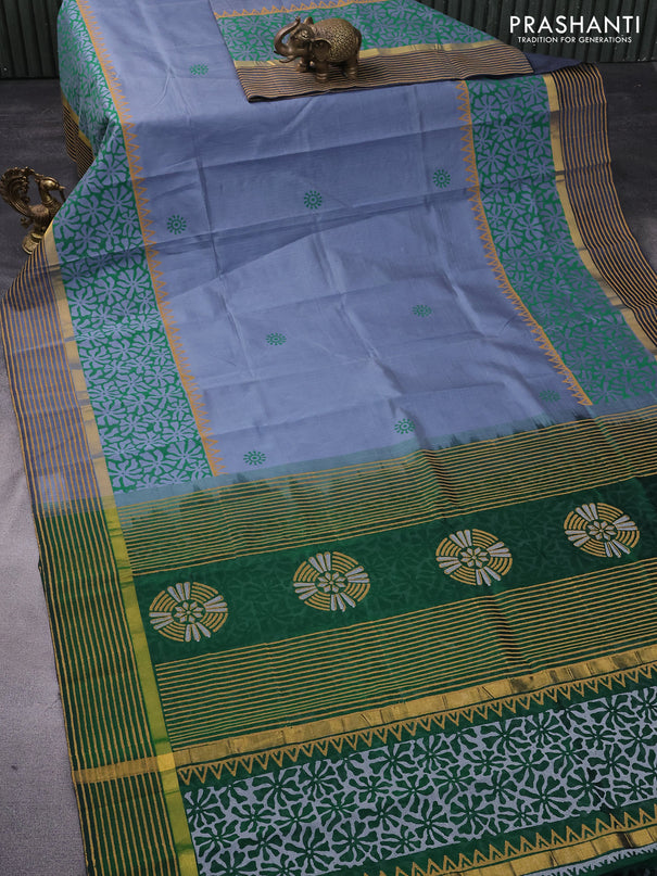 Silk cotton block printed saree grey and green with butta prints and zari woven printed border