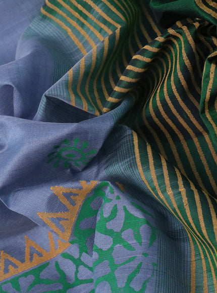 Silk cotton block printed saree grey and green with butta prints and zari woven printed border