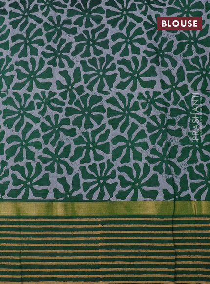 Silk cotton block printed saree grey and green with butta prints and zari woven printed border