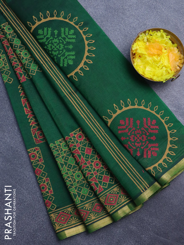 Silk cotton block printed saree green with geometric prints and piping zari woven border