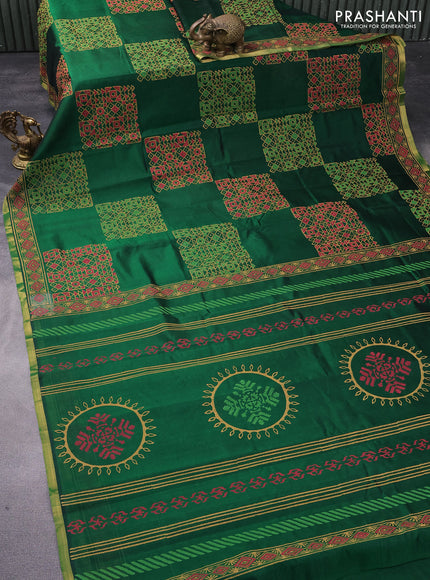 Silk cotton block printed saree green with geometric prints and piping zari woven border