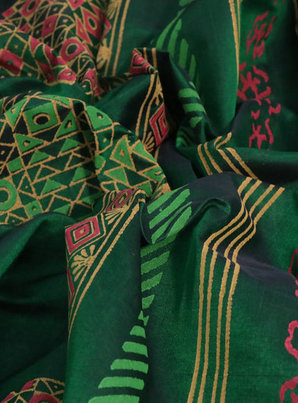 Silk cotton block printed saree green with geometric prints and piping zari woven border