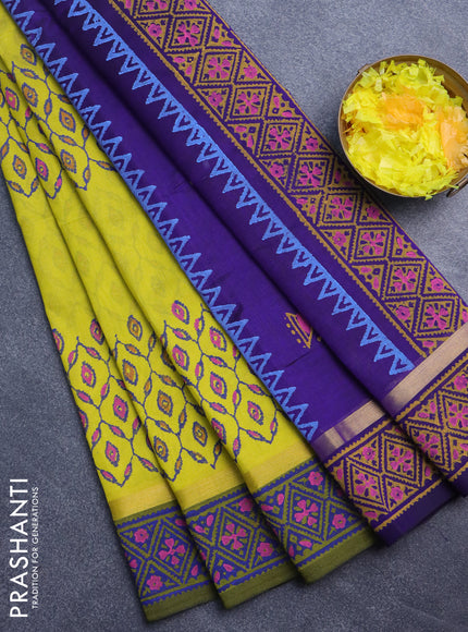 Silk cotton block printed saree lime yellow and blue with allover prints and zari woven printed border