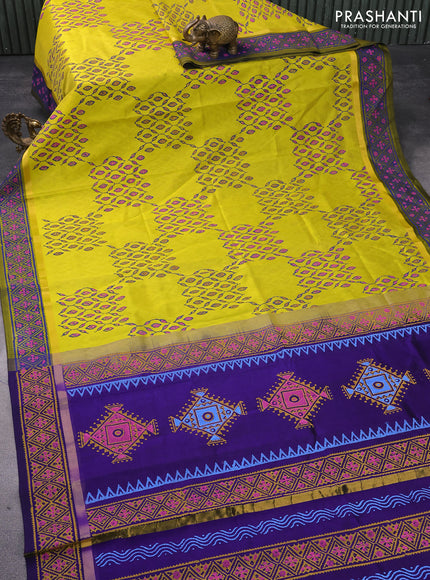 Silk cotton block printed saree lime yellow and blue with allover prints and zari woven printed border