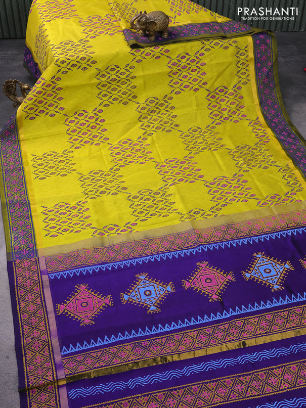 Silk cotton block printed saree lime yellow and blue with allover prints and zari woven printed border