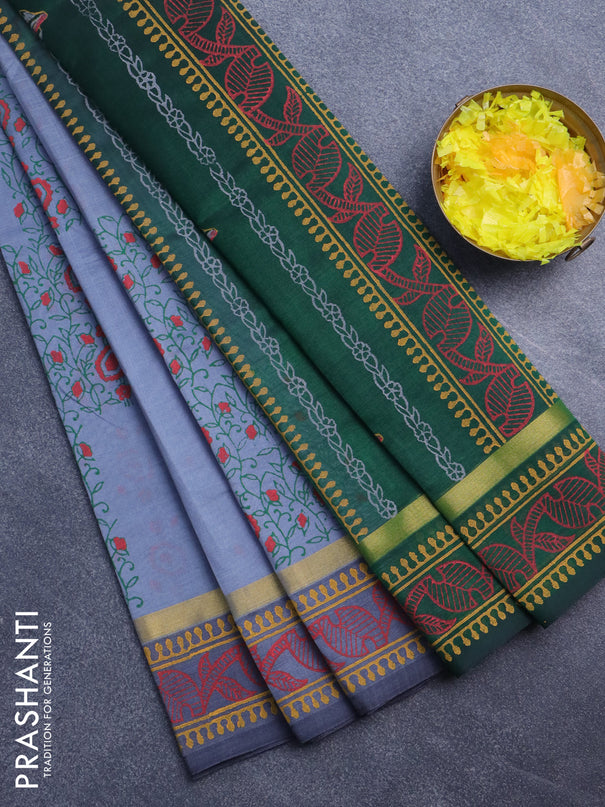 Silk cotton block printed saree grey and green with allover prints and zari woven printed border