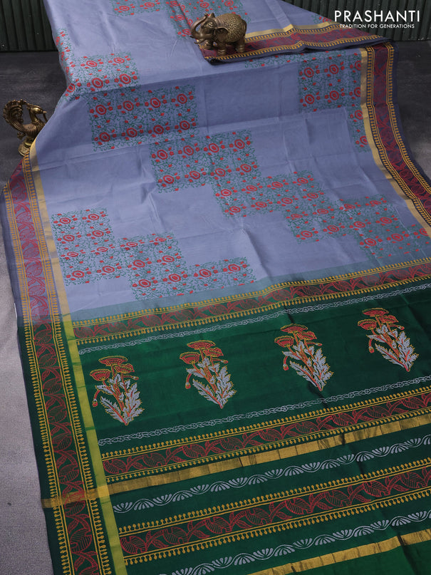 Silk cotton block printed saree grey and green with allover prints and zari woven printed border