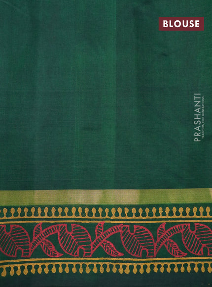 Silk cotton block printed saree grey and green with allover prints and zari woven printed border