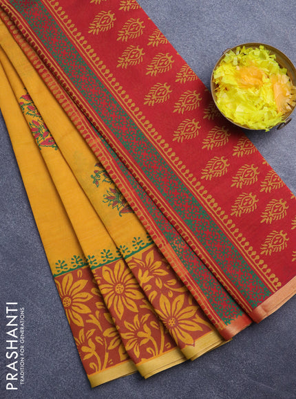 Silk cotton block printed saree mustard yellow and maroon with butta prints and piping zari woven border