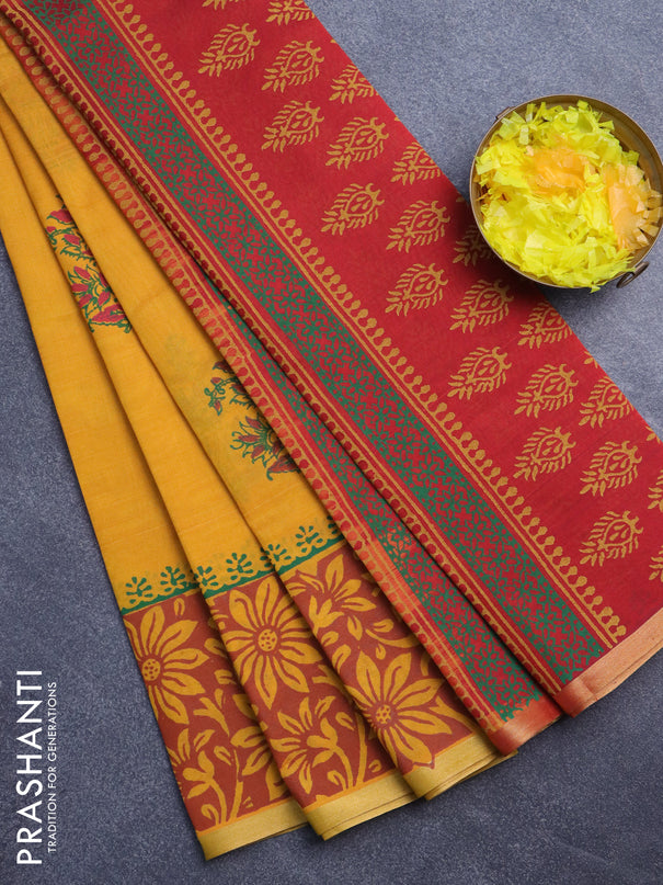 Silk cotton block printed saree mustard yellow and maroon with butta prints and piping zari woven border