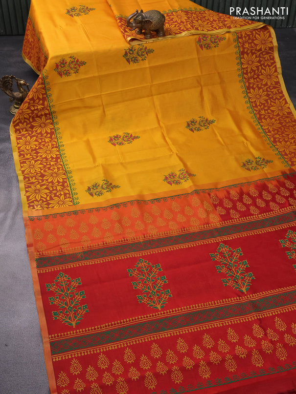 Silk cotton block printed saree mustard yellow and maroon with butta prints and piping zari woven border