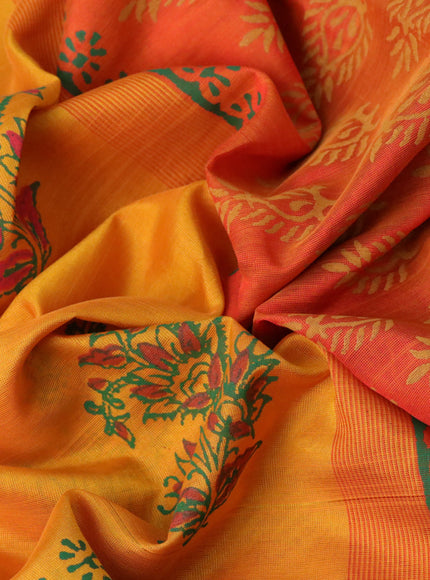 Silk cotton block printed saree mustard yellow and maroon with butta prints and piping zari woven border