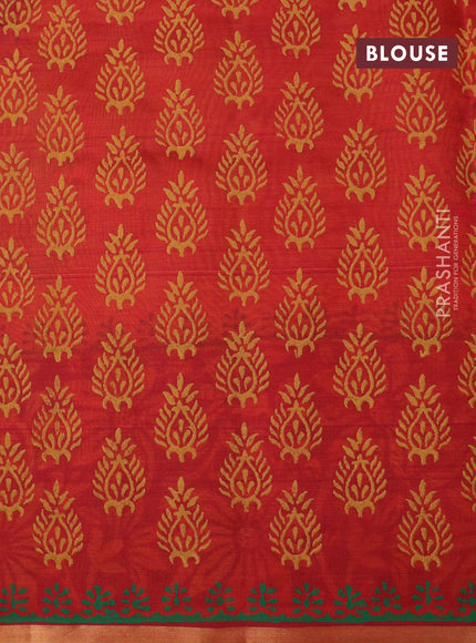 Silk cotton block printed saree mustard yellow and maroon with butta prints and piping zari woven border