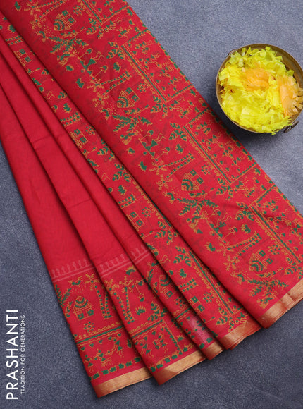 Silk cotton block printed saree red with warli butta prints and piping zari woven border