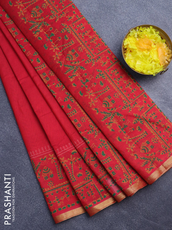 Silk cotton block printed saree red with warli butta prints and piping zari woven border